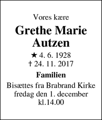 Dødsannoncen for Grethe Marie Autzen - Aarhus