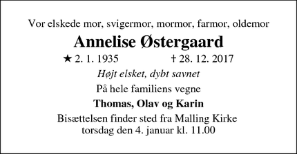 Dødsannoncen for Annelise Østergaard - Malling