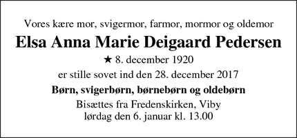 Dødsannoncen for Elsa Anna Marie Deigaard Pedersen - 8330 Beder