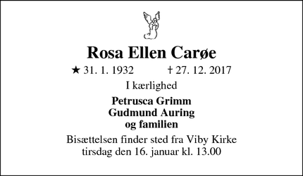 Dødsannoncen for Rosa Ellen Carøe - Aarhus