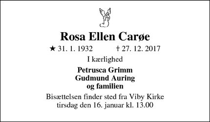 Dødsannoncen for Rosa Ellen Carøe - Aarhus