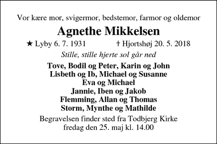 Dødsannoncen for Agnethe Mikkelsen - Hjortshøj