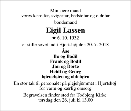 Dødsannoncen for Eigil Lassen - Hjortshøj