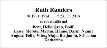 Dødsannoncen for Ruth Randers - Aarhus