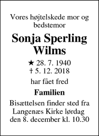Dødsannoncen for Sonja Sperling Wilms - Aarhus