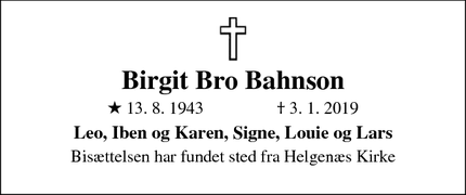 Dødsannoncen for Birgit Bro Bahnson - Hårup