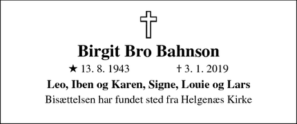 Dødsannoncen for Birgit Bro Bahnson - Hårup
