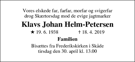 Dødsannoncen for Klavs Johan Helm-Petersen - Aarhus