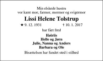 Dødsannoncen for Lissi Helene Tolstrup - Arden