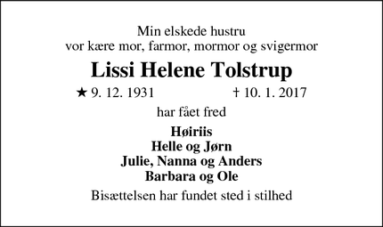 Dødsannoncen for Lissi Helene Tolstrup - Arden