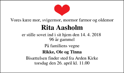 Dødsannoncen for Rita Aasholm - Arden