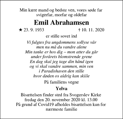 Dødsannoncen for Emil Abrahamsen - Roskilde