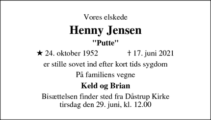 Dødsannoncen for Henny Jensen - Holbæk