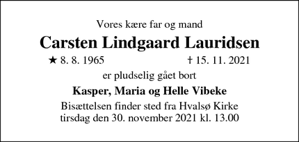 Dødsannoncen for Carsten Lindgaard Lauridsen - Hvalsø