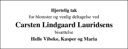 Taksigelsen for Carsten Lindgaard Lauridsens - Hvalsø