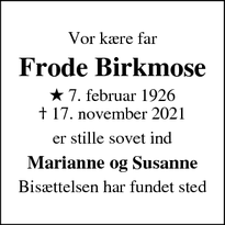 Dødsannoncen for Frode Birkmose - Hvalsø