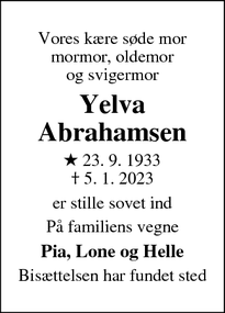 Dødsannoncen for Yelva
Abrahamsen - Roskilde