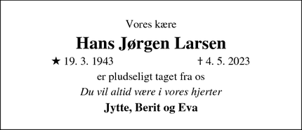 Dødsannoncen for Hans Jørgen Larsen - Roskilde