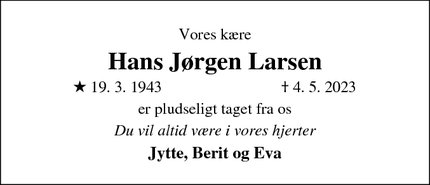 Dødsannoncen for Hans Jørgen Larsen - Roskilde