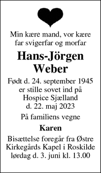 Dødsannoncen for Hans-Jörgen
Weber - Roskilde 