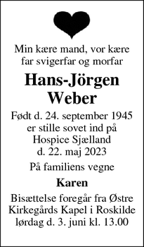 Dødsannoncen for Hans-Jörgen
Weber - Roskilde