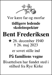 Dødsannoncen for Bent Frederiksen - Ejby, Kirke Hyllinge