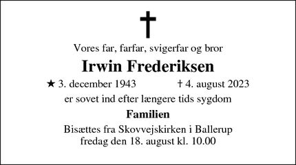 Dødsannoncen for Irwin Frederiksen - Roskilde