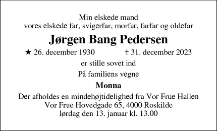Dødsannoncen for Jørgen Bang Pedersen - Tranekær