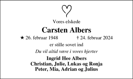 Dødsannoncen for Carsten Albers - Roskilde