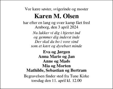 Dødsannoncen for Karen M. Olsen -  7451 Sunds