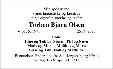 Dødsannoncen for Torben Bjørn Olsen - Roskilde