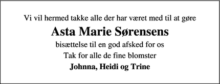 Taksigelsen for Asta Marie Sørensens - Sæby  4070 Kr.- Hyllinge