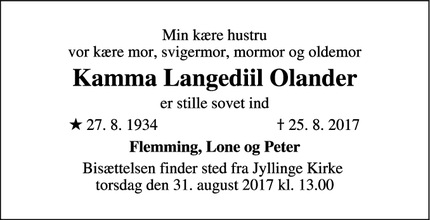 Dødsannoncen for Kamma Langediil Olander - Jyllinge