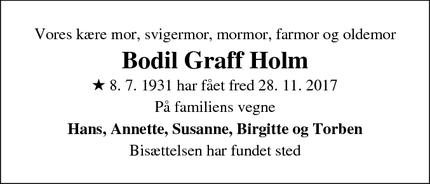 Dødsannoncen for Bodil Graff Holm - Roskilde