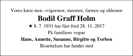 Dødsannoncen for Bodil Graff Holm - Roskilde