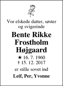 Dødsannoncen for Bente Rikke Frostholm Højgaard - Roskilde