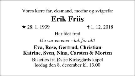 Dødsannoncen for Erik Friis - København N