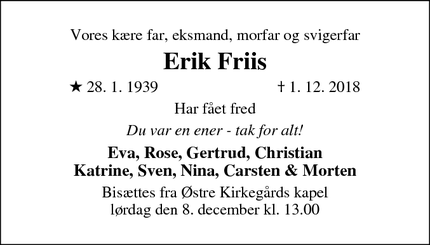 Dødsannoncen for Erik Friis - København N