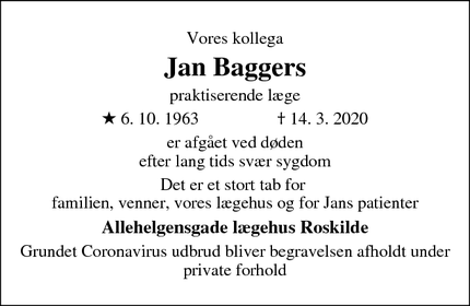 Dødsannoncen for Jan Baggers - Roskilde