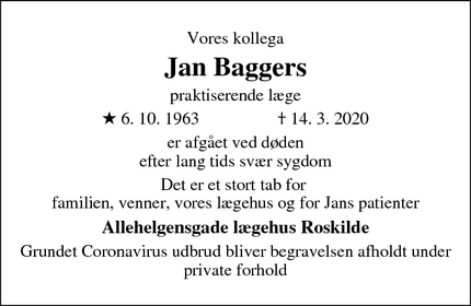 Dødsannoncen for Jan Baggers - Roskilde