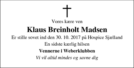 Dødsannoncen for Klaus Breinholt Madsen - Viby Sjælland