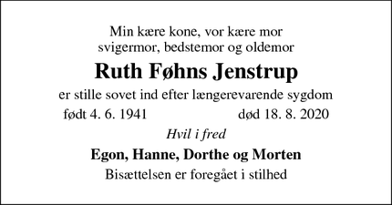Dødsannoncen for Ruth Føhns Jenstrup - Birkerød