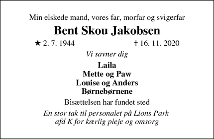Dødsannoncen for Bent Skou Jakobsen - Birkerød
