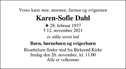 Dødsannoncen for Karen-Sofie Dahl - Birkerød