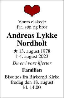 Dødsannoncen for Andreas Lykke Nordholt - Birkerød