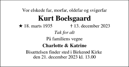 Dødsannoncen for Kurt Boelsgaard - Birkerød