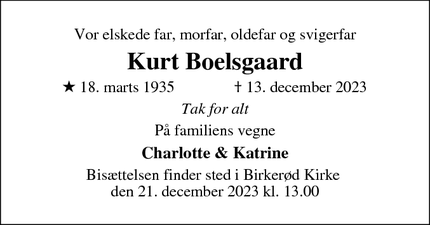 Dødsannoncen for Kurt Boelsgaard - Birkerød