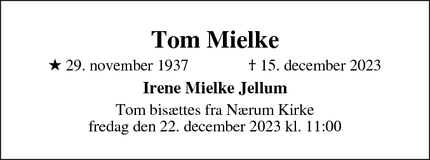 Dødsannoncen for Tom Mielke - Helsingør