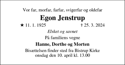 Dødsannoncen for Egon Jenstrup - BIRKERØD