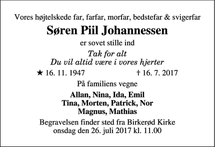 Dødsannoncen for Søren Piil Johannessen - Birkerød